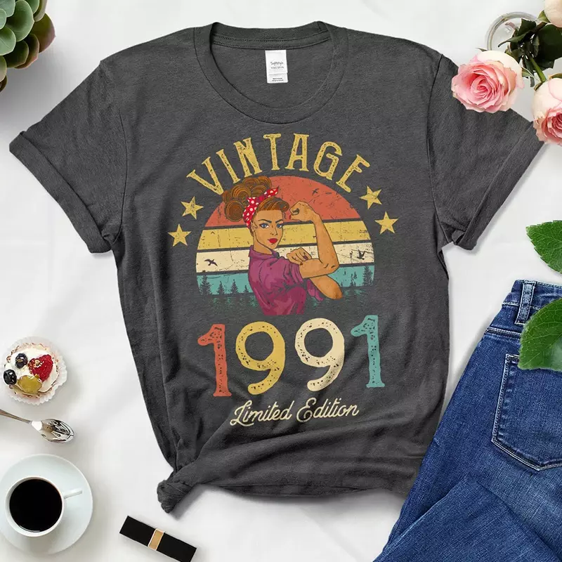 Vintage 1991 Limited Edition Woman Tshirts Retro 33nd 33 Years Old Birthday Party Gift Femme T Shirts Summer Women Fashion Top