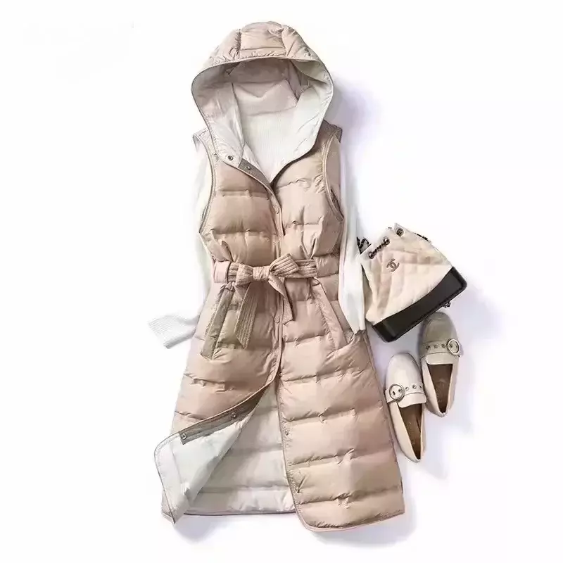 女性用ロングフード付きジャケット,ノースリーブ,白いダックダウンコート,オフィス用,韓国のトレンド,新しい90%