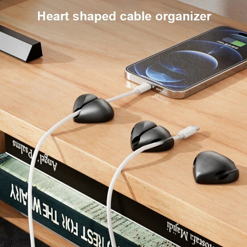 Em forma de coração desktop Silicone Cabo Winder, 3-Buraco, Gerenciamento de Fio, Clipe, Armazenamento, USB, Mouse, Headphone