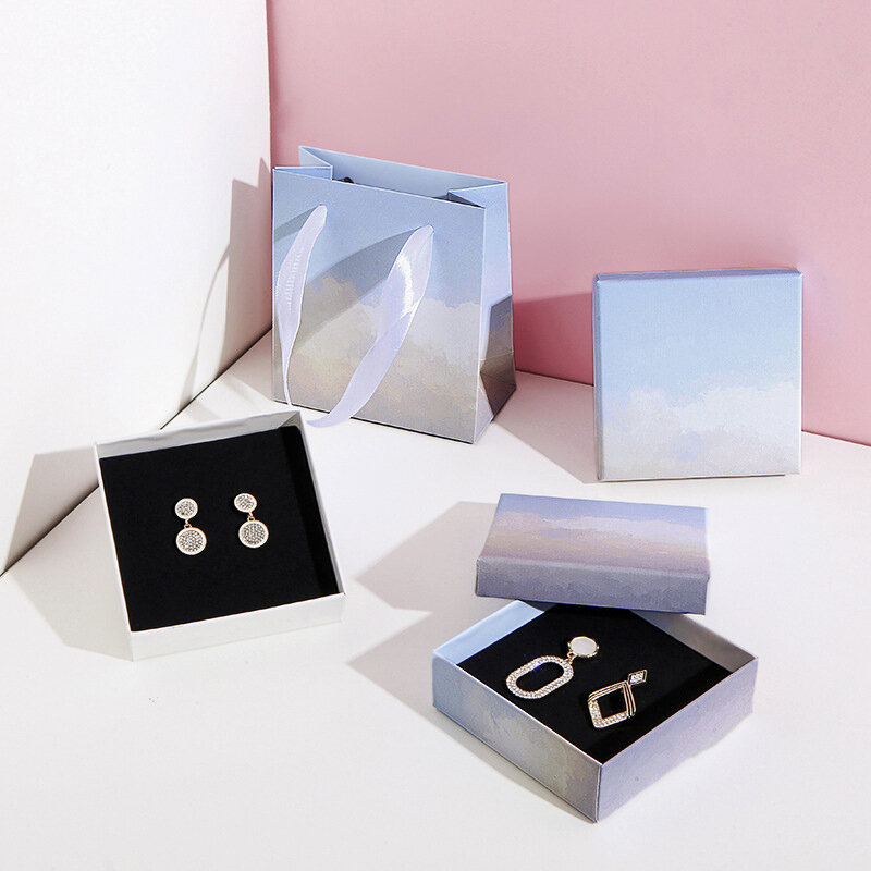 Caja de embalaje de joyería de papel grueso con patrón de nube, organizador de almacenamiento de pendientes, anillo, pulsera y collar, Joyero al por mayor