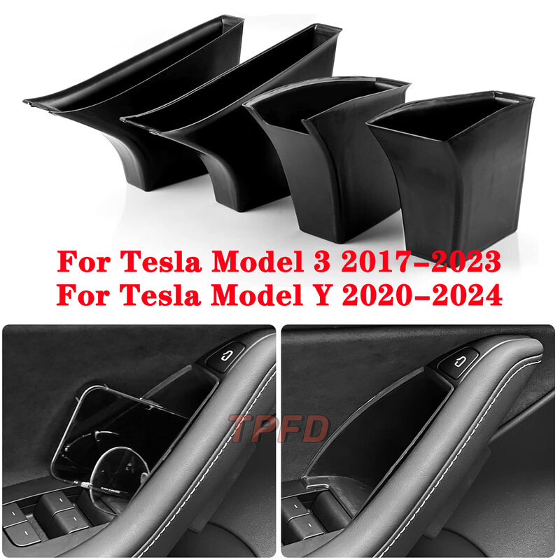 4 SZTUK Boczny schowek na drzwi do Tesla Model 3 2017-2023 Model Y 2020-2024, Ulepszony organizer ABS i flokowania tacek do przechowywania