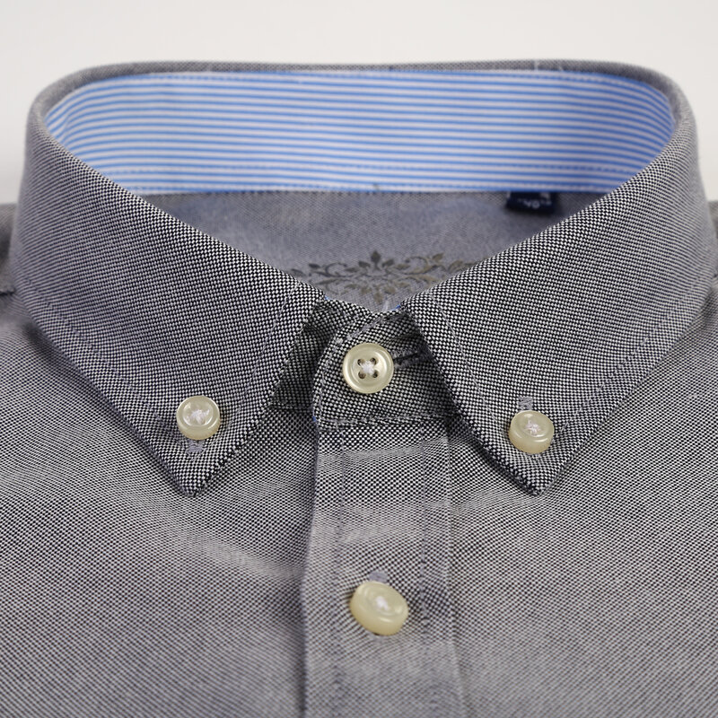 Camisa Oxford lisa de manga larga para hombre, camisa con un solo bolsillo de parche, diseño Simple, informal, estándar, con cuello abotonado