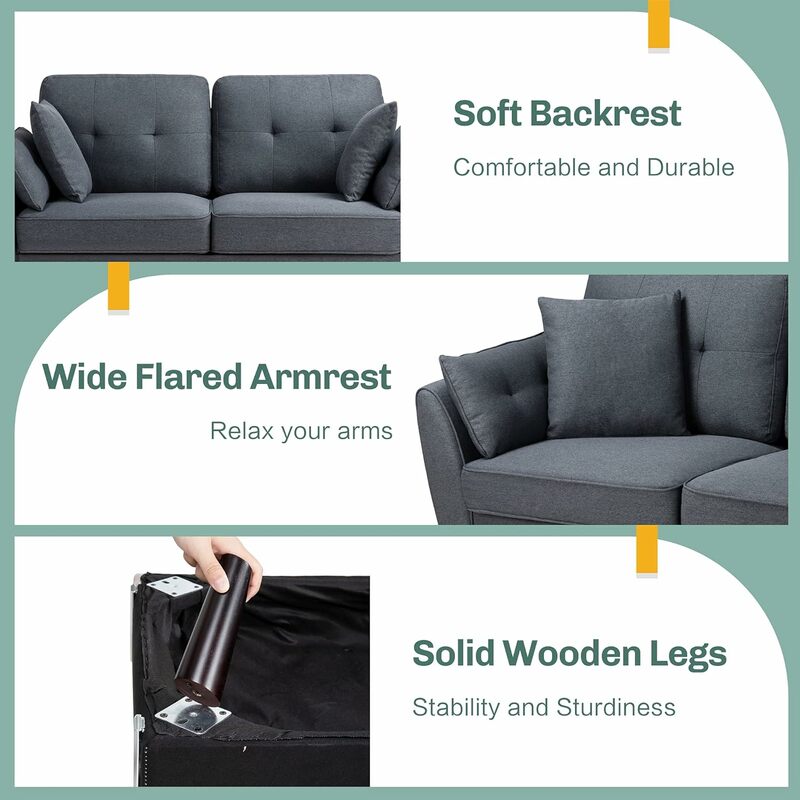 Loveseat-sofá moderno de mediados de siglo para sala de estar, tapizado, 2 asientos con almohada, sofá espacial pequeño, 63"
