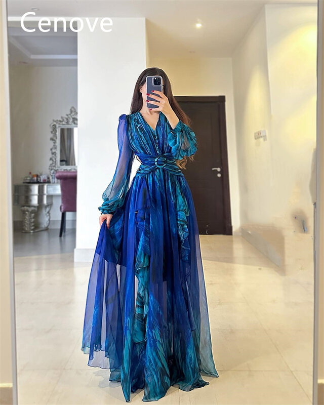 Cenove Blue a-line abito da ballo con scollo a V in pizzo maniche lunghe abito da sera elegante estivo per donna