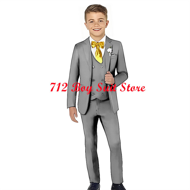 Terno formal de lapela masculino, smoking de casamento, conjunto de três peças, jaqueta infantil, colete, calças, roupas completas