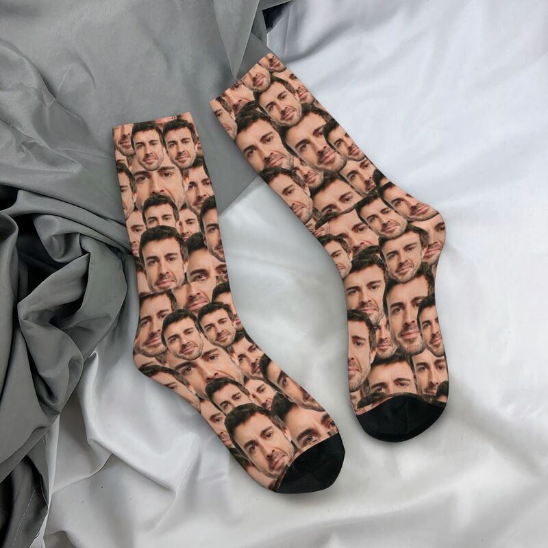 Crazy Design Fernando Alonso Funny Head Football Socks Polyester Middle Tube Socks for Women Men Breathable