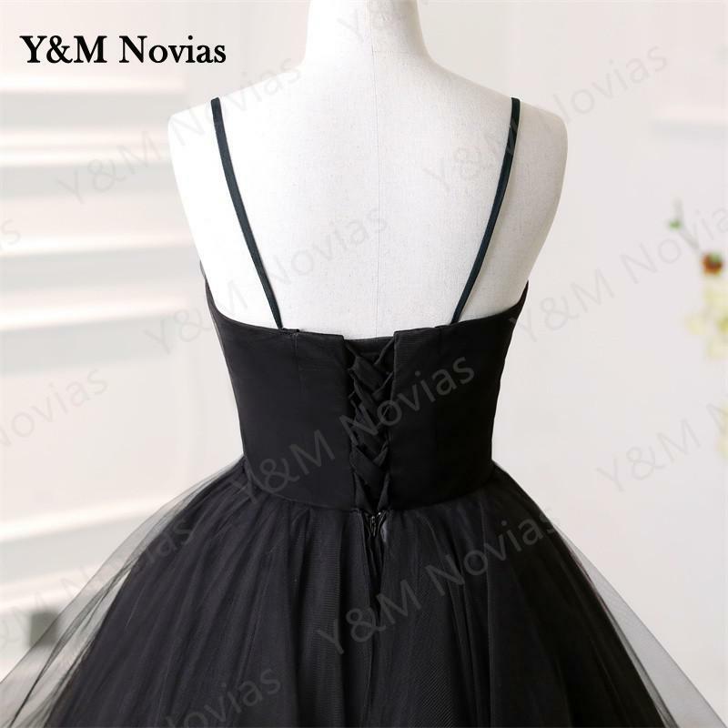 Y & M-Robe de Quinceanera noire à volants pour filles, robe de princesse, bretelles spaghetti chérie, Sweet 15, robe éducative