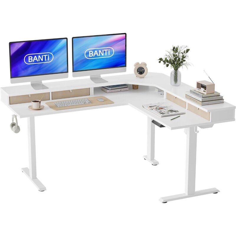 Elektryczne biurko stojące w kształcie litery L 63 cala, biurko stojące z regulacją wysokości i 3 szufladami, narożne biurko stojące, biały blat