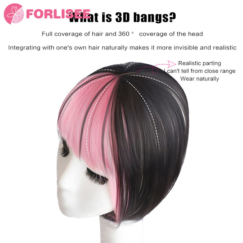 FORLISEE 3D francuska grzywka peruka z naturalnym i bezszwowym czołem niewidoczne różowe pasemka na włosy
