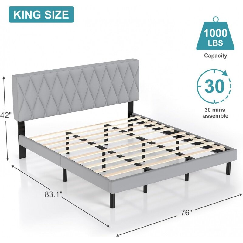 IYEE NATURE-King Bed Frame com cabeceira e fortes slats de madeira, plataforma estofada antiderrapante, forte capacidade de peso