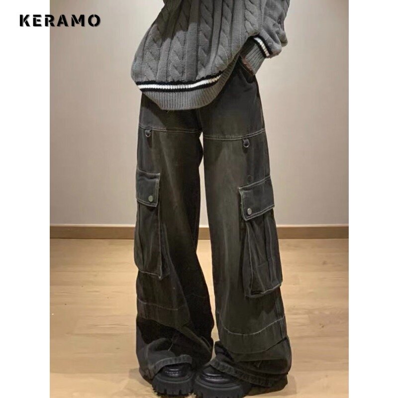 Pantalones vaqueros holgados de pierna ancha para mujer, holgados de Vaqueros cintura alta, estilo Retro Harajuku, Color liso, con bolsillos, para verano, 2024