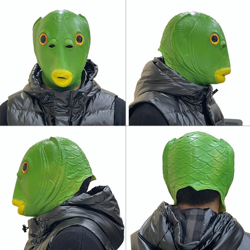Maschera di pesce verde maschera divertente maschera di viso animale in lattice per Halloween Masquerade Costume da festa travestimento Cosplay banchetto cappello di pesce fantasia