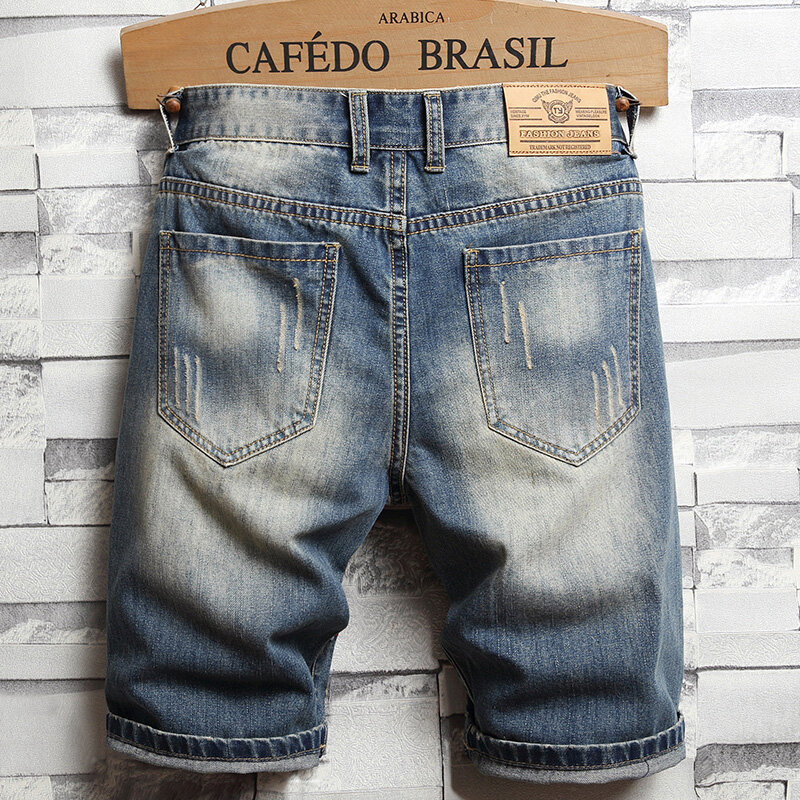 Pantalones cortos vaqueros con agujeros para hombre, Vaqueros rasgados de cinco puntos, corte holgado, estilo informal, 2024