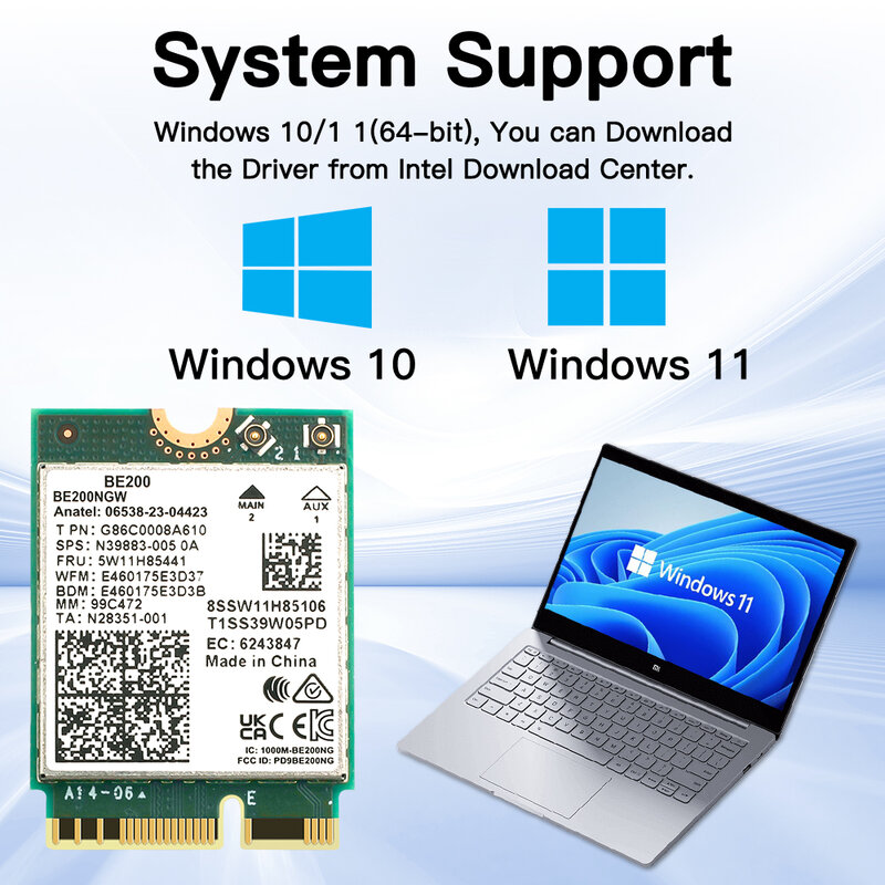 Intel,wi-fiカード,トライバンドm.2 ngffネットワークアダプター,b200,be200ngw,Bluetooth 5.4,802.11ax,win10および11,wi-fi 6e用のワイヤレスwifiカード