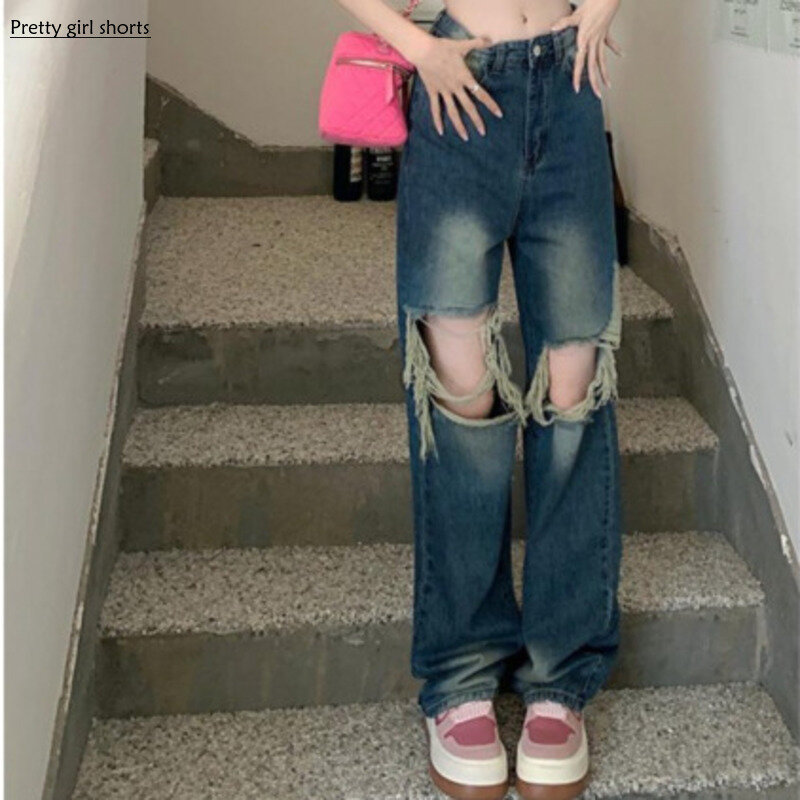 Pantalones vaqueros Retro para mujer, Jeans desgastados con agujeros, diseño personalizado de calle, pierna recta, torres de piso, 2024