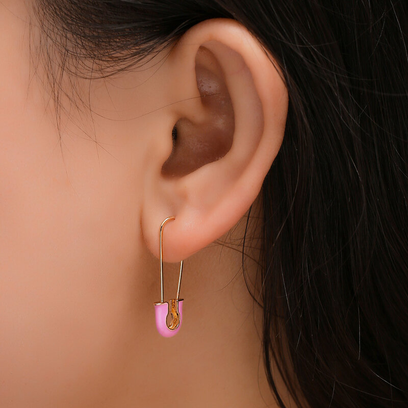 Boucles d'oreilles créoles en émail coloré pour femmes, nouveauté, boucles d'oreilles tendance, épingle de sûreté, Double perçage
