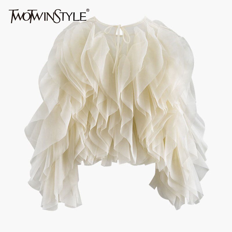 TWOTWINSTYLE Ruffles Shirts For Women O Neck Lantern Sleeve Loose Pullover Summer Blouse Female Fashion Style Clothing 2023 New