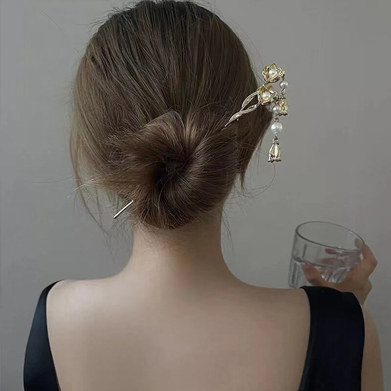 Estilo chinês vintage Hair Chopsticks para mulheres, Hanfu Hair Stick, Metal Flower Hair Fork, Hairpin Jewelry, Hair Clip Acessórios