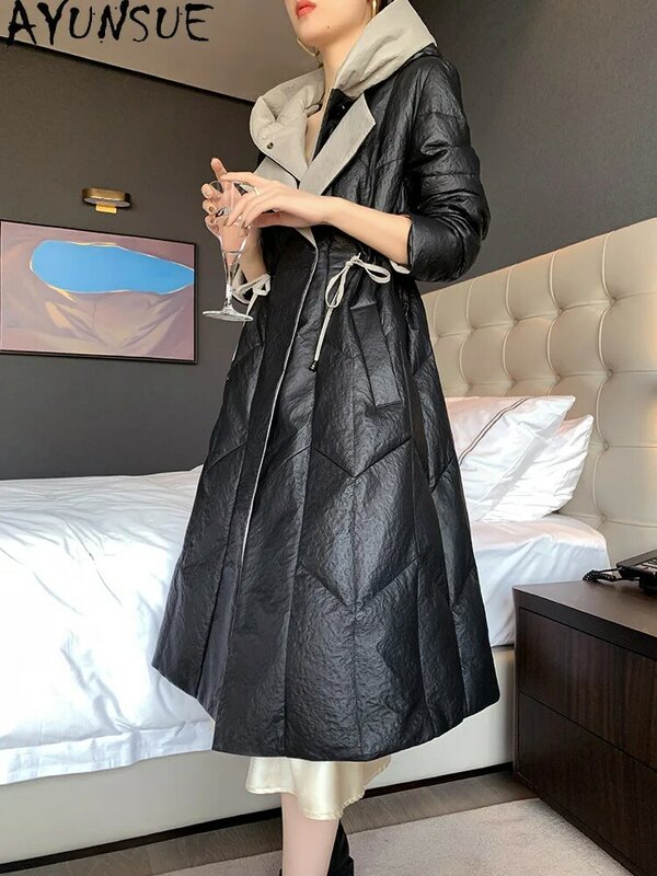 AYUNSUE-Jaqueta de couro genuíno para mulheres, casaco com capuz inverno, Parkas longas elegantes, pele de carneiro real, alta qualidade