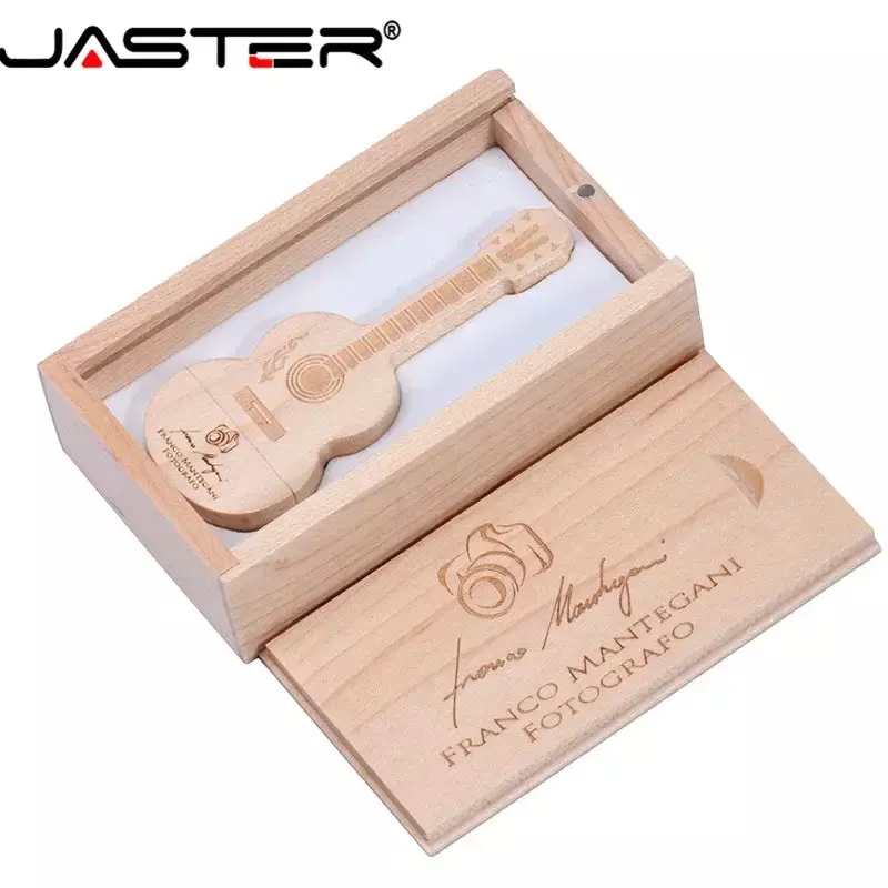 JASTER darmowe własne Logo Pen drive w kształcie gitary pamięć USB drewniane pudełko Pendrive muzyka Pendrive kreatywny prezent 64GB 128GB
