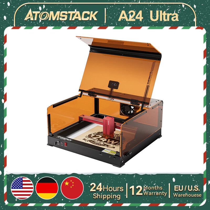 AtomStack A24 Ultra Laser Engraver 24W Optical Power with Enclosure Box 3600mm/min Fast Speed Offline Engraving Stainless Steel