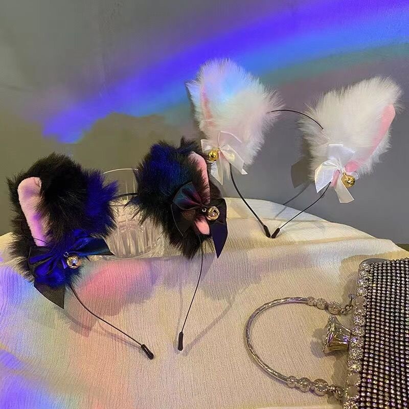 Bando telinga kucing seksi untuk wanita gadis kalung busur renda ikat rambut bel mewah Cosplay topeng-aksesori rambut kostum pesta