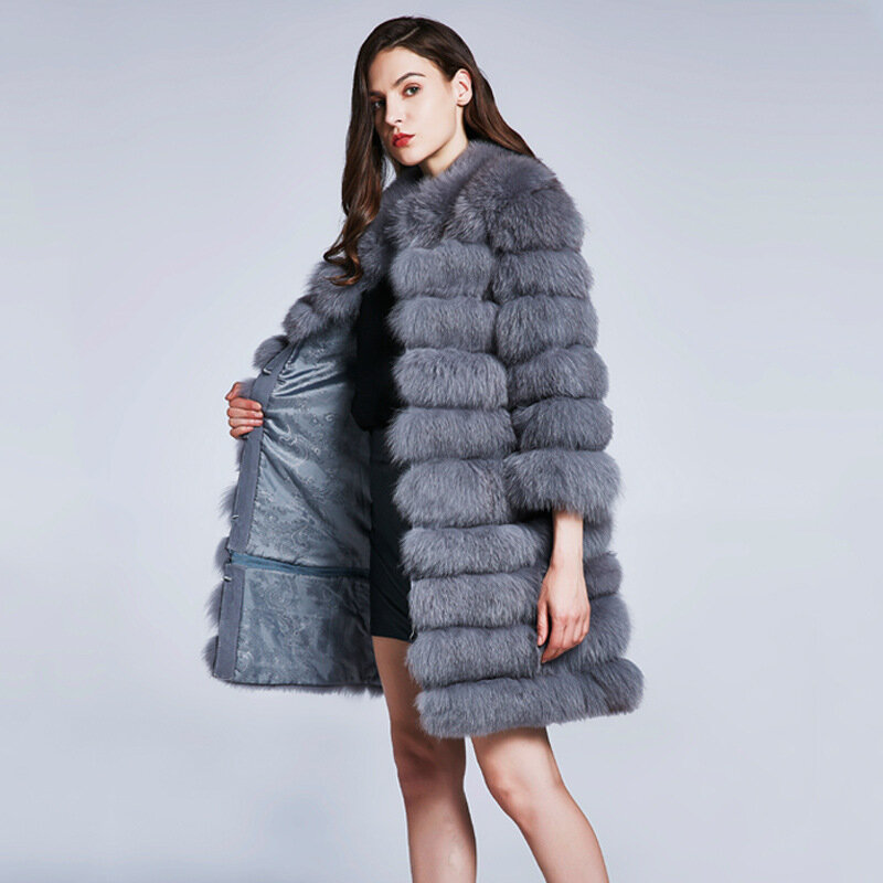 Mantel bulu rubah untuk wanita, mantel panjang ritsleting musim gugur dan musim dingin dengan isolasi bulu asli yang dapat dilepas dan mantel tebal