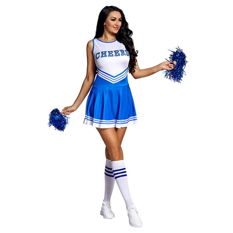 Kostum Cheerleader, seragam dansa cetak huruf kompetisi sekolah tinggi, kaus kaki pompom, gaun pesta Cosplay, karnaval, Halloween