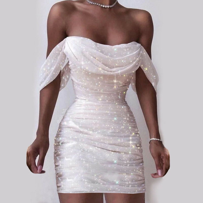 Herfstjurken Voor Vrouwen 2024 Sexy Off Shoulder Ruches Glitter Sprankelende Lovertjes Straight Bodycon Slanke Witte Jurk Vintage Prom Dress