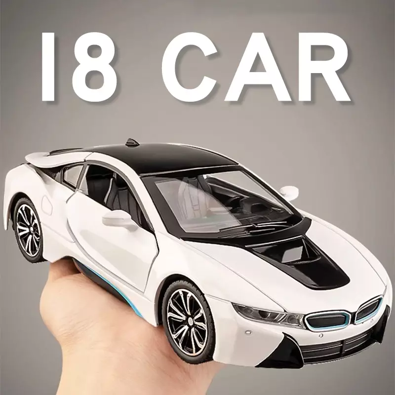 BMW I8 1:24 Symulacja aluminiowego modelu samochodu Odlewana ozdoba Dźwięk i światło Funkcja odciągania Kolekcja zabawek dla chłopców Prezenty dla dzieci