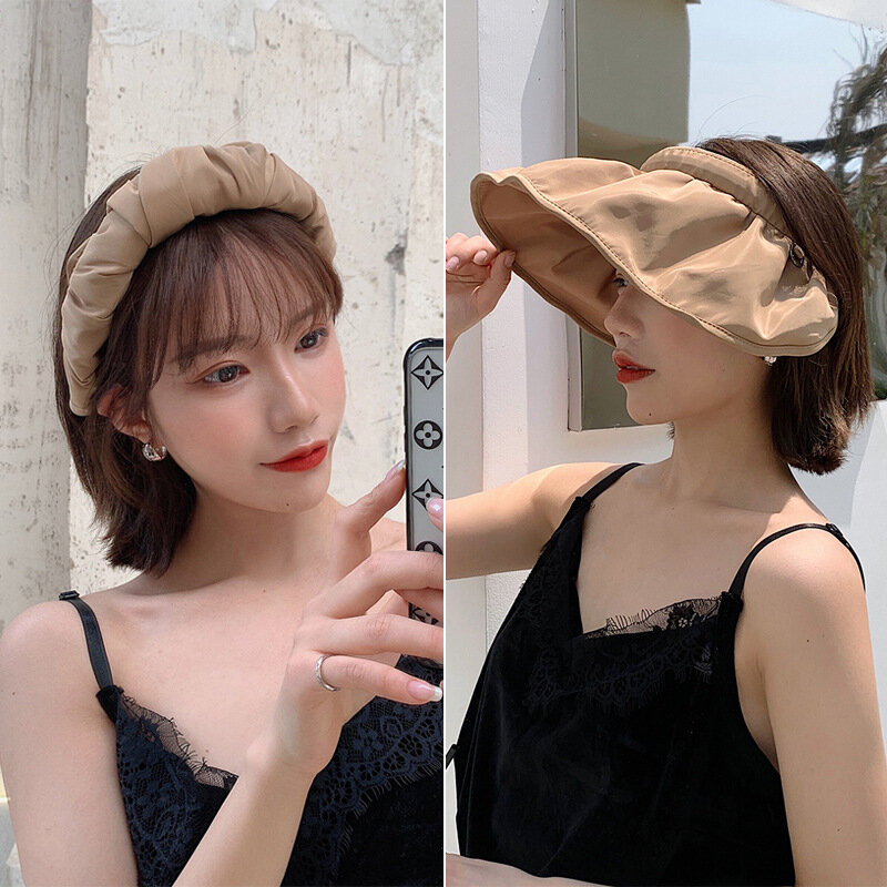 Topi matahari besar dapat dilipat portabel topi pantai untuk wanita topi visor atas kosong aksesori rambut bando penggunaan ganda Gorras