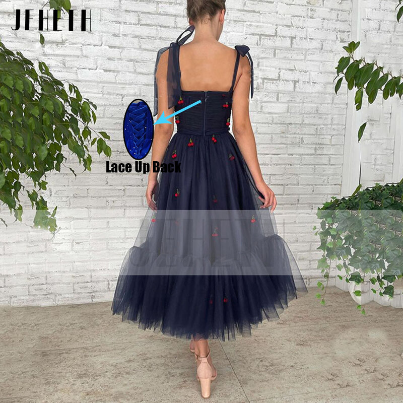 JEHETH blu Navy Midi Bow Straps Tulle Prom Dresses Tea-Length a-line pieghettato abito formale da festa con tasche robes de soirée