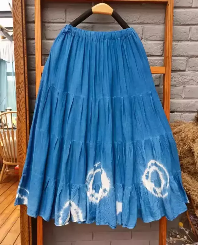 2024 Nowa, barwiona ręcznie niebieska spódnica w kształcie batika, długa spódnica, podróżna damska spódnica z czterema sekcjami