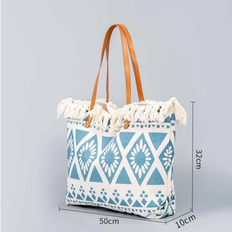 Bohemian Ethnic Style Large Capacity Geometric Pattern Tote Bag Women's Commuter Canvas Shoulder Bag Travel Handbag Female 2024