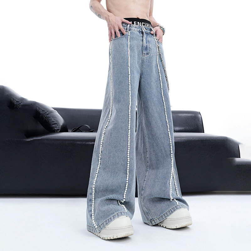 FEWQ High Street Men's Jeans Summer New Niche Design Pearl American Style Loose Wide Leg Pants Denim Summer 2024 Tide 24X9098