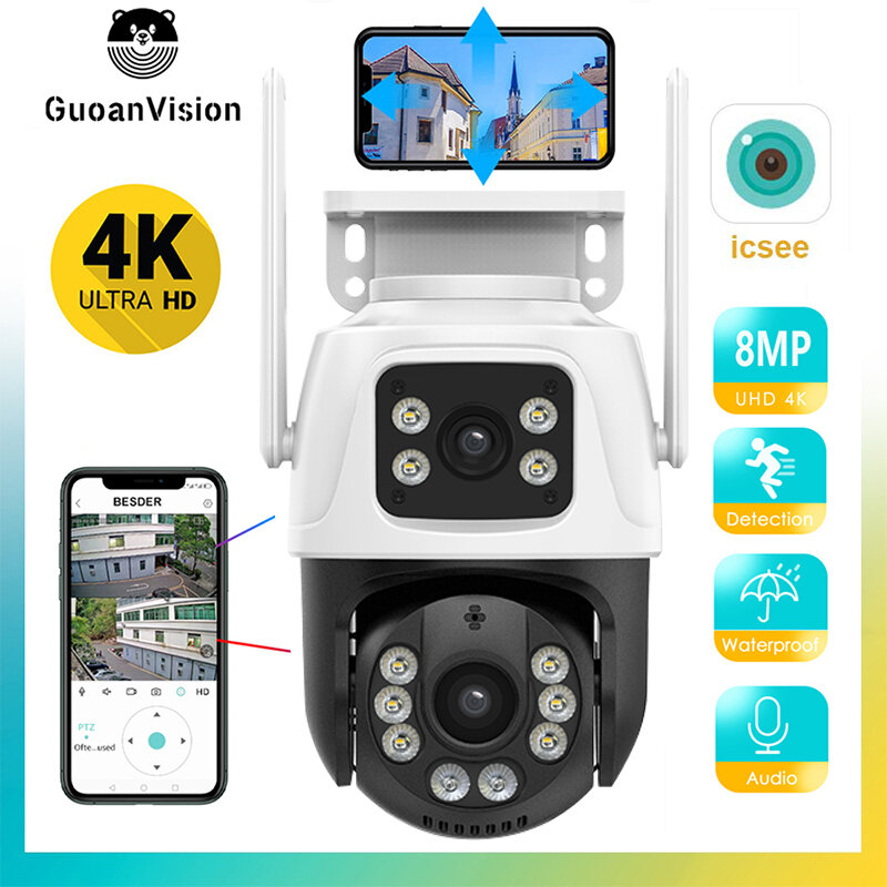 Caméra de surveillance extérieure PTZ IP WiFi HD 8MP/4MP, dispositif de sécurité sans fil, avec vision nocturne, détection humaine et écran pour touristes