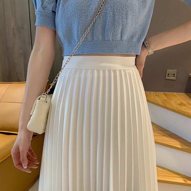 Skirts Women Ankle-length Solid Pleated High Waist Korean Fashion Spring Leisure A-line Fairycore Clean Fit Leisure All-match