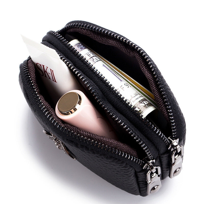 Women Cowhide Double Zipper Portable Wallets Bag Bee Card Hoder Lipstick Case Leather Mini Earphone Coin Purse For Female