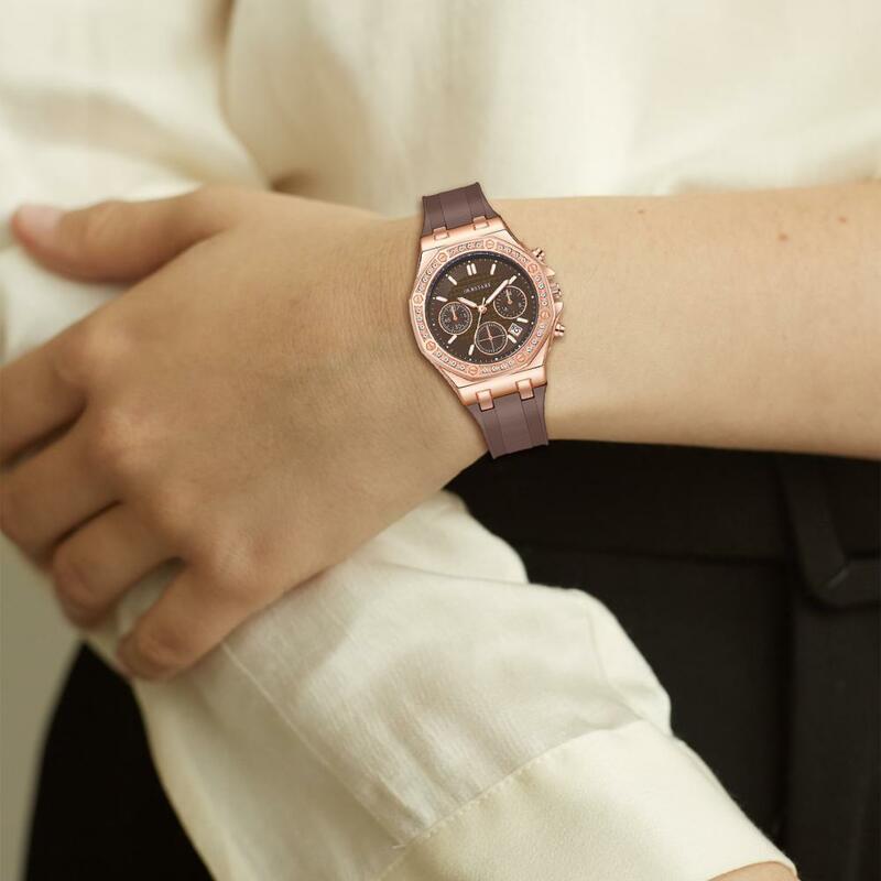 Jam tangan wanita, pakaian jam tangan elegan wanita kuarsa dengan kalender berlian imitasi tali paduan akurasi tinggi untuk penglaju jam tangan wanita