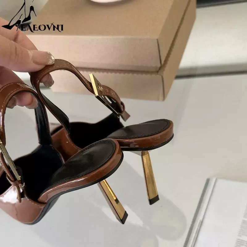Street Style Sexy Pointed Toe Metal Buckle Strap Women Pumps Stripper Sandals  Slingback High Heels Female Shoes
