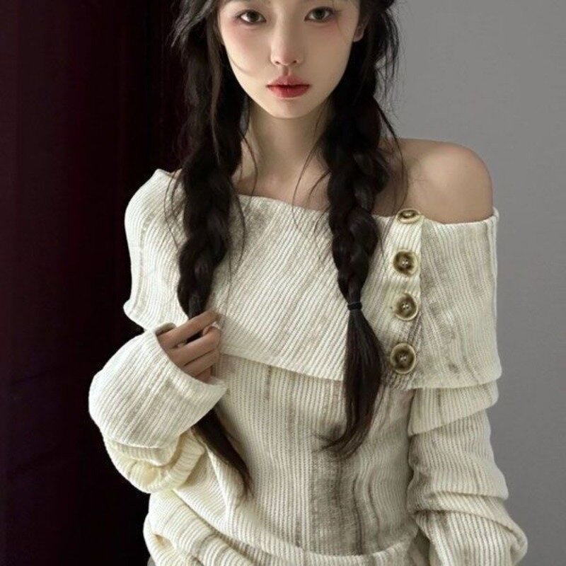 Deeptown-suéter con hombros descubiertos para mujer, Jerseys de punto de manga larga, estilo coreano, Harajuku, cuello oblicuo, Otoño, Vintage