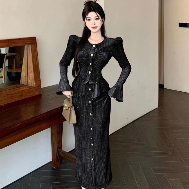 Dress Sets Women Temperament Advanced Fashion Long Sleeve All-match Office Lady Popular Fake Two Piece Jackets Autumn College