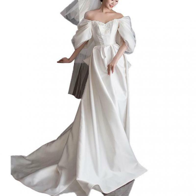 Новейшее свадебное платье для женщин, классическое свадебное платье с вырезом лодочкой и маленьким шлейфом, Элегантное Длинное атласное платье А-силуэта