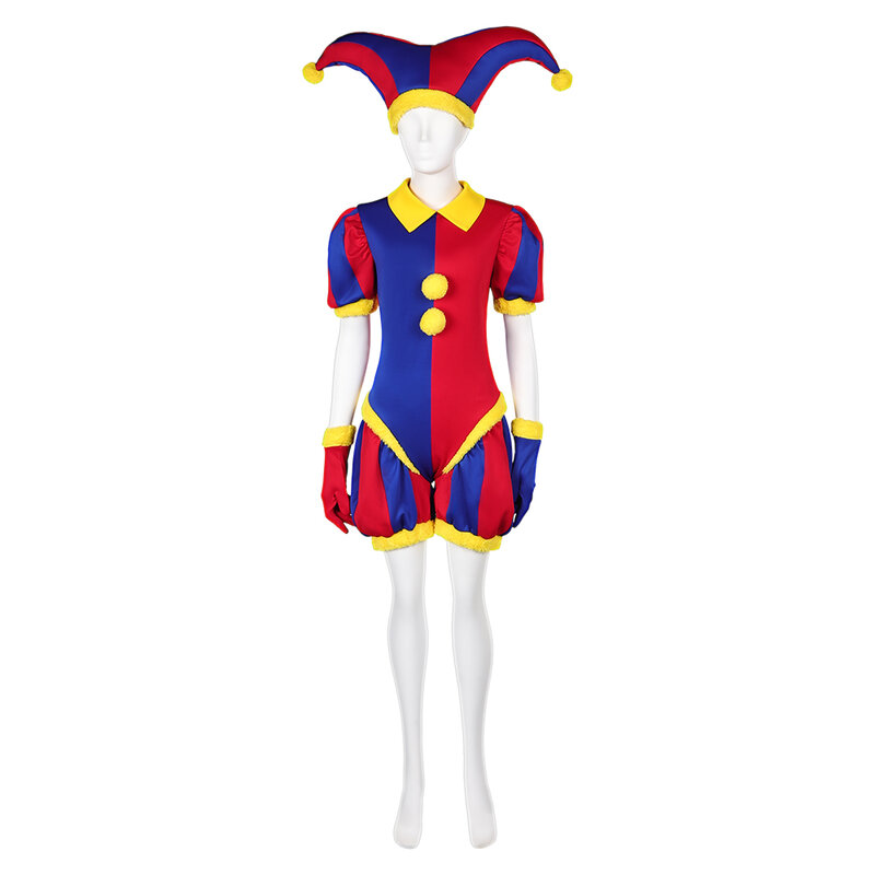 Kids Children Pomni Cosplay Costume Cartoon The Amazing Digital Circus Jumpsuit Hat Set Outfits Halloween Carnival Party Suit