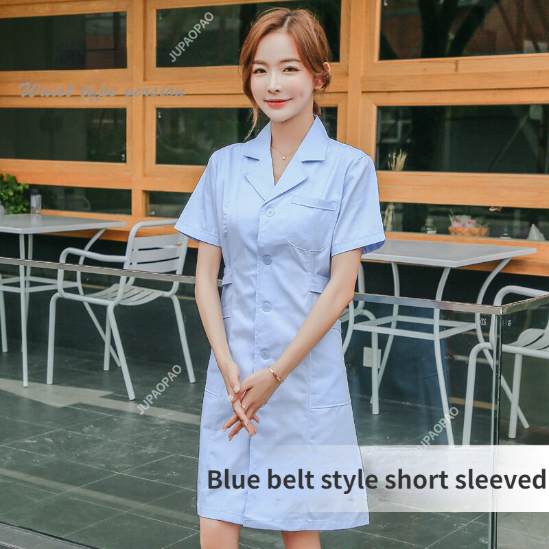 Dames Mode Lab Jas Korte Mouw Arts Verpleegster Jurk Lange Mouw Medische Uniformen Witte Jas Verstelbare Taille Riem