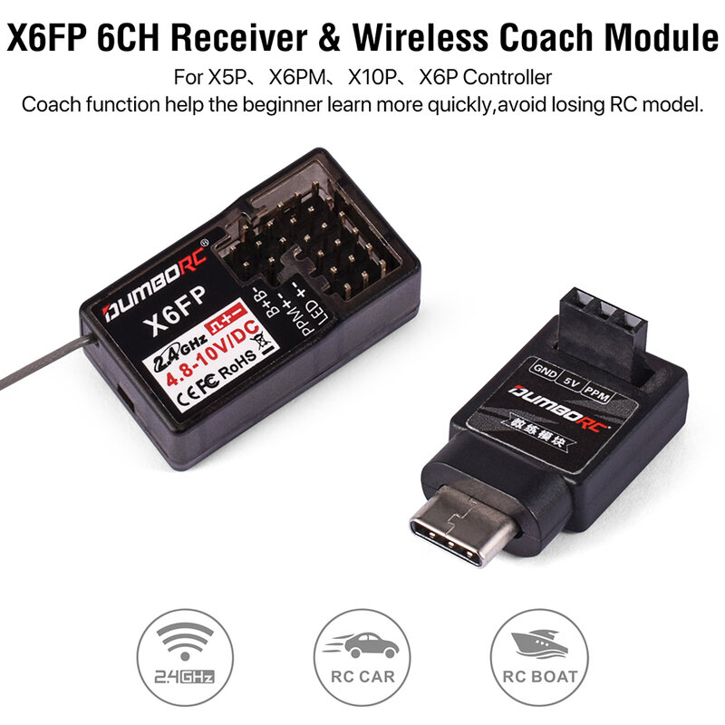 DUMBORC X6FP RC Receiver Wireless Coach Module 6CH Lamp Control Voltage Return for 2.4GHZ Transmitter X5P/X6PM/X10P/X6P RC Car