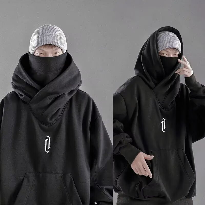 Embroidery Turtleneck Sweatshirt For Men Japanese Ninja Hoodies Autumn Hip Hop Fleece Pocket Streetwear Oversized Y2K Hoody