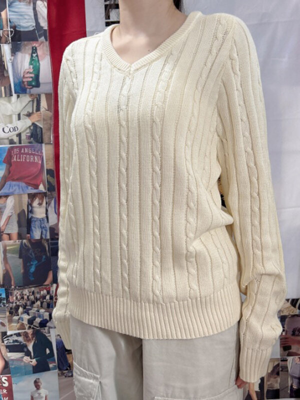 Suéter feminino casual de malha com decote em v, pulôver quente solto, flor torcida, tops Harajuku, jumper vintage sólido, outono, inverno, algodão