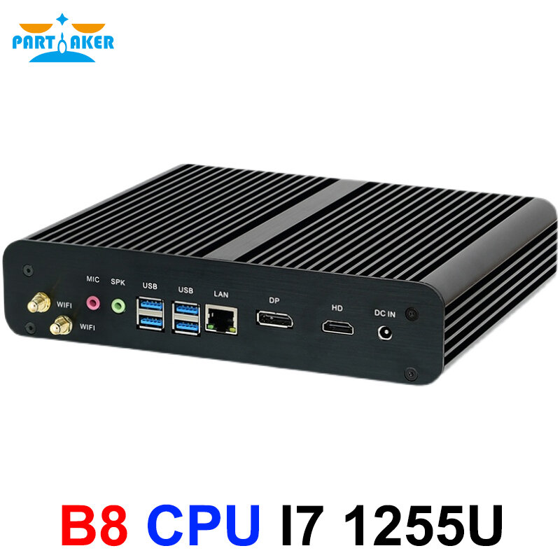 Partaker Fanless Mini Computer i7 1255U 1165G7 10710U 10510U 2*DDR4 mSATA M.2 SSD Micro PC Win10 Pro Barebone HTPC Nuc DP HDMI