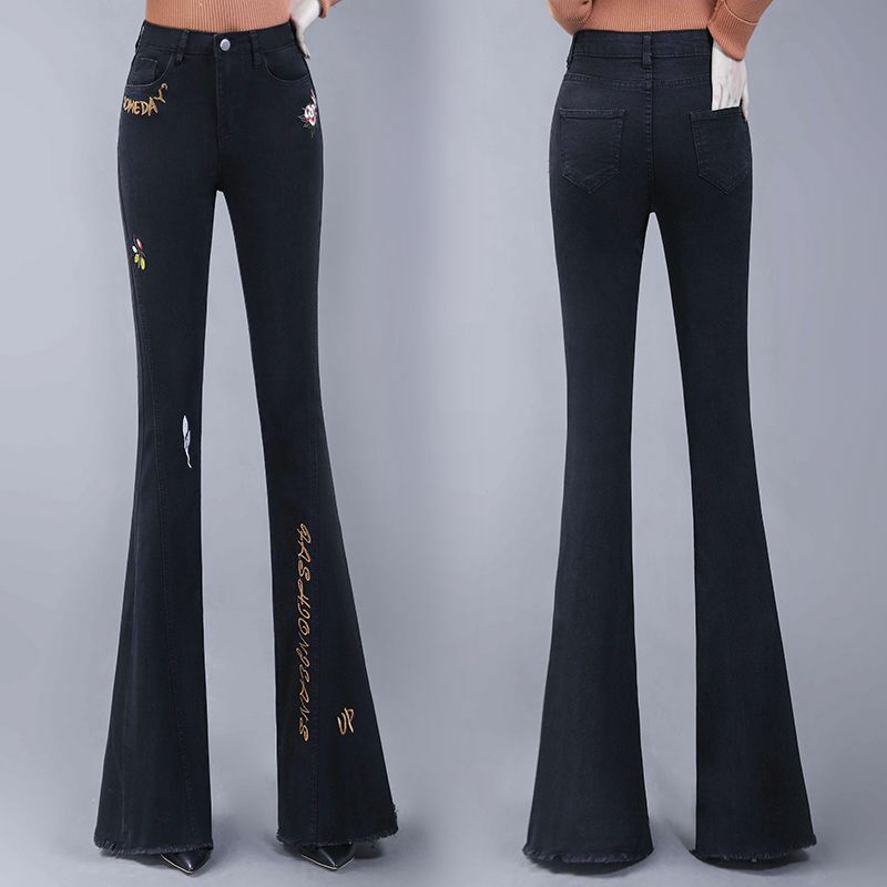 Mode Koreaanse Vrouwen Eenvoudige Casual Flare Jeans Lente Herfst Nieuw Zwart Borduurwerk Brief Office Lady Casual Rechte Broek